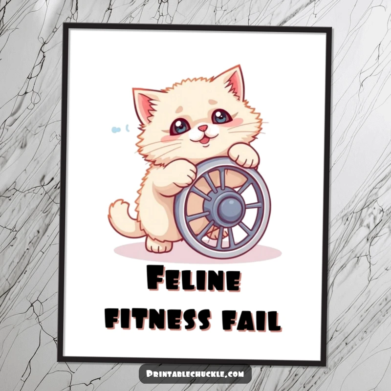 Funny cat digital art print of a fluffy feline hilariously failing with a tiny ab wheel, downloadable art.