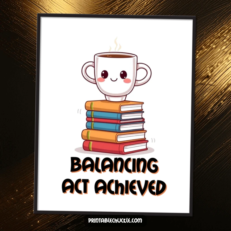 Funny digital art print of a smiling coffee cup precariously balancing on a wobbly stack of books, ideal for reader decor.