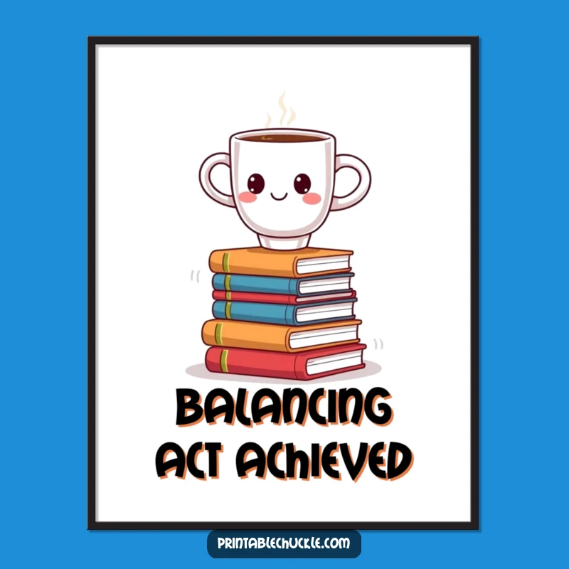 Funny Coffee Book Balance Digital Art: Smiling Cup Print, Humorous Reader Decor