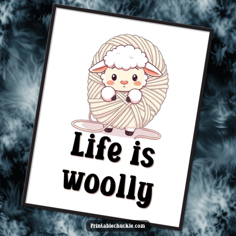 Funny fluffy sheep tangled in a giant ball of yarn, looking confused, as a digital art print, adding cozy charm to decor.