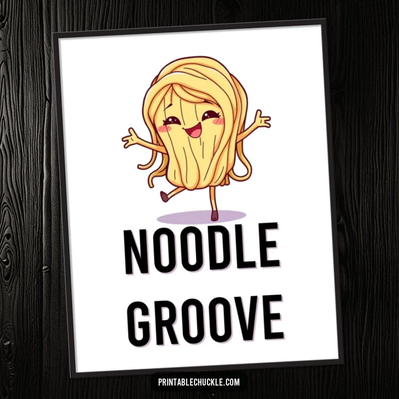 Funny Digital Art Print of a dancing spaghetti noodle with a mischievous grin, perfect for instant decor and playful vibes.