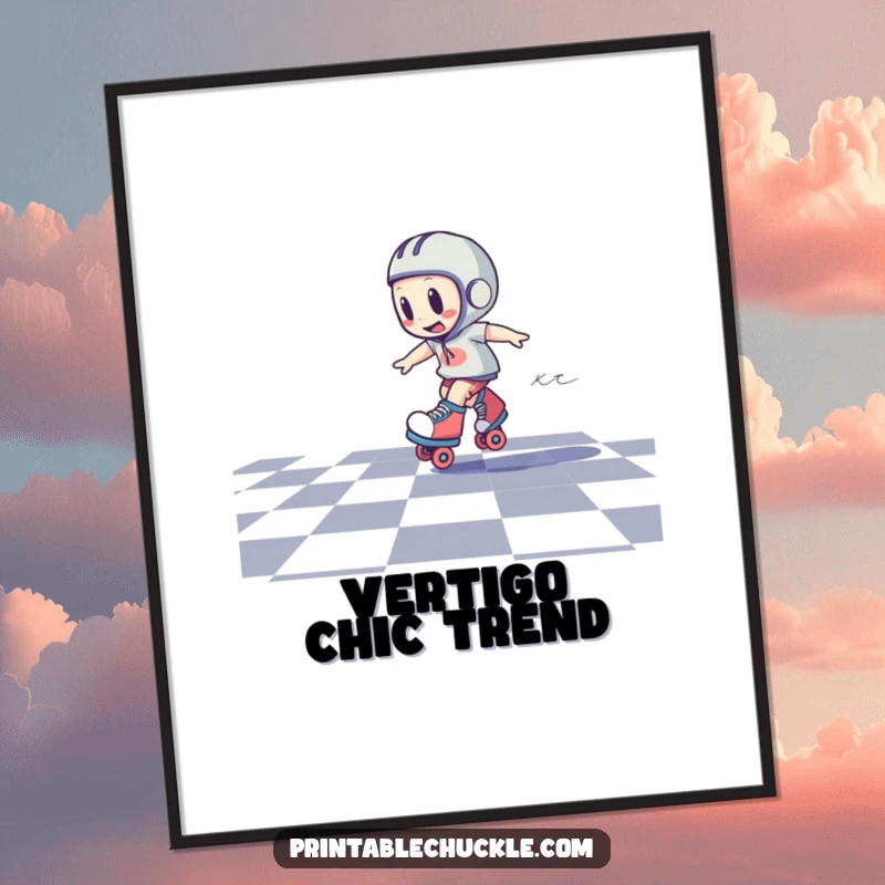 Funny digital art print of a roller skate character in a dizzy spin on a checkered floor, ideal for humorous wall decor.