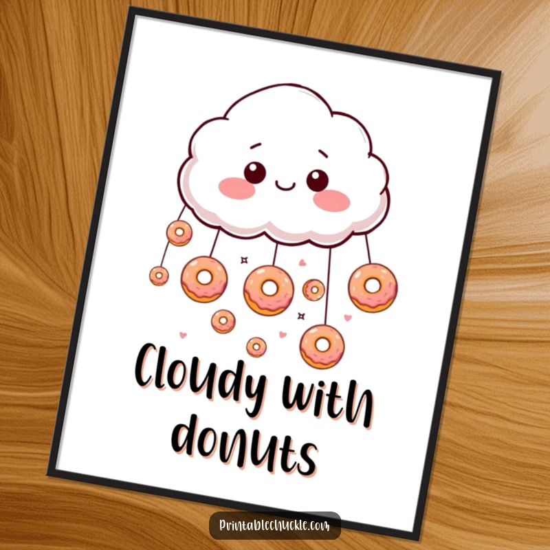 Funny giddy cloud character raining down tiny, floating donuts, as a vibrant digital art print.