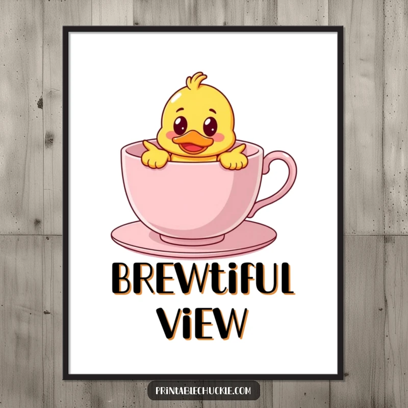 Funny digital art print of a bewildered rubber duck character hilariously stuck inside a giant teacup, perfect for whimsical wall decor.