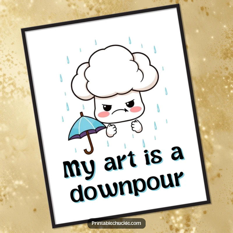 Funny digital art print of a grumpy cloud diligently raining tiny, perfectly shaped umbrellas, offering a humorous and artistic visual.