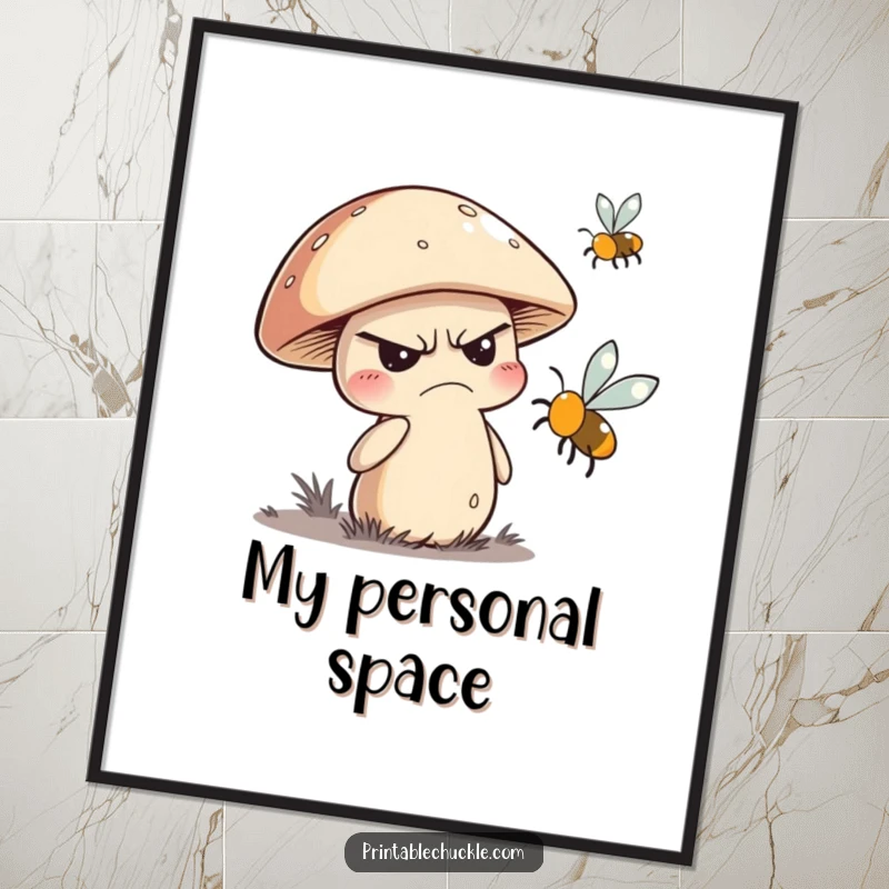 Funny digital art print of a grumpy mushroom character swatting at a buzzing fly, ideal for humorous wall decor.