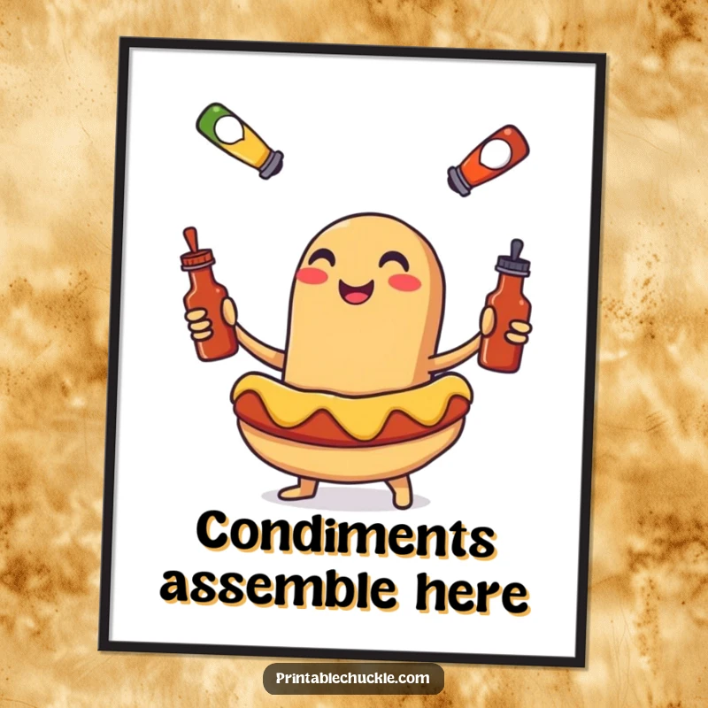 Funny digital art print of a smiling hot dog juggling tiny condiment bottles, a humorous and instant decor gift.