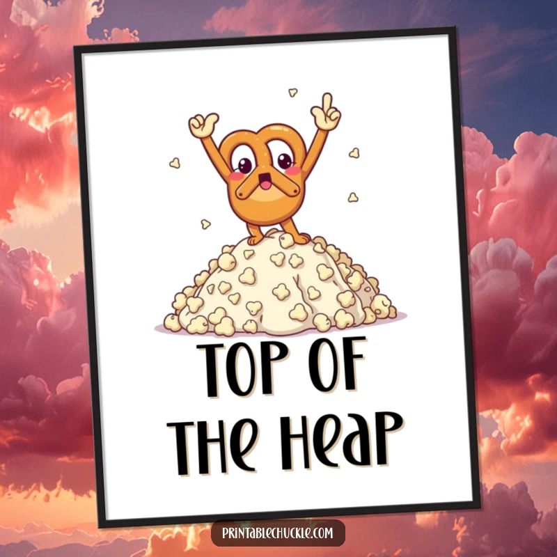 Funny digital printable art of a triumphant pretzel character doing a victory pose on a popcorn mountain.