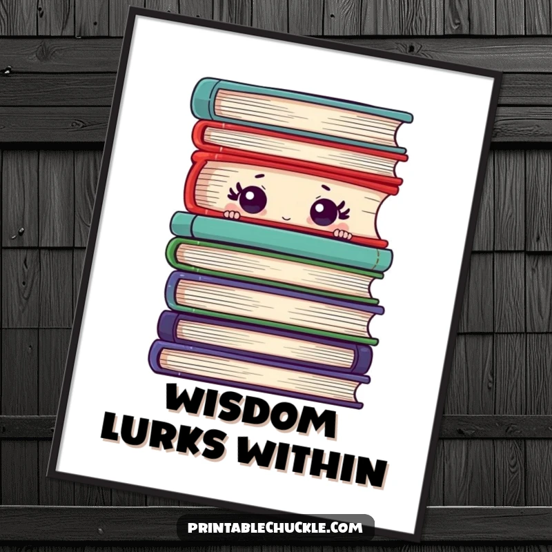 Funny digital art print of a shy book with curious eyes peeking from behind stack, ideal for instant wall decor.