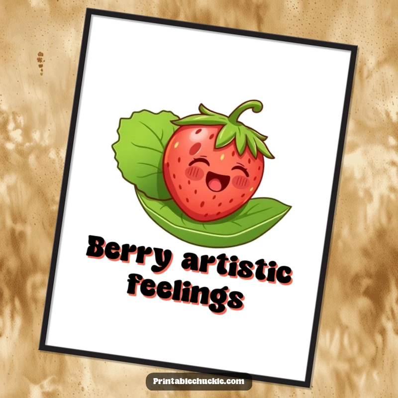 Funny digital art print of a single, delighted strawberry joyfully floating on its leaf, capturing a moment of pure, sunny happiness.