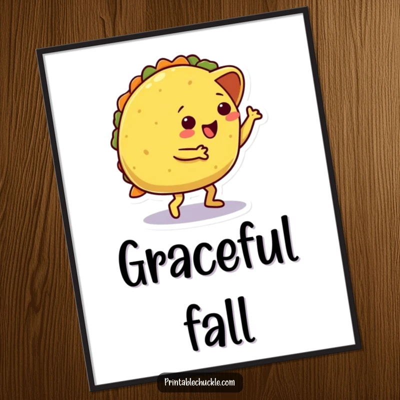 Funny digital art print of a dancing taco character hilariously tripping over its own shell, perfect for humorous wall decor.