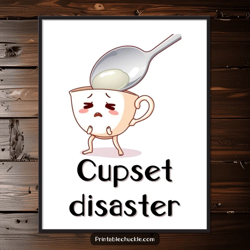 Funny digital printable art of a startled teacup with legs recoiling from a giant spoon, bringing instant humor.