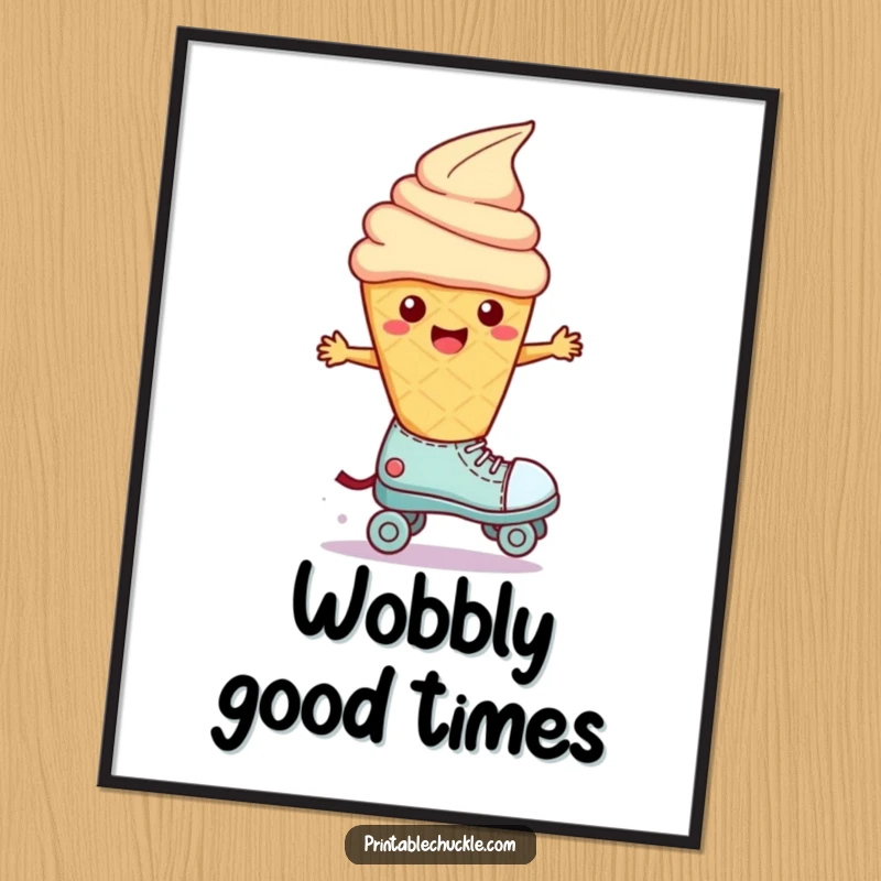 Funny Wobbly Ice Cream Roller Skate Digital Art Print: A melting ice cream cone wobbles on a roller skate, creating a whimsical digital piece.