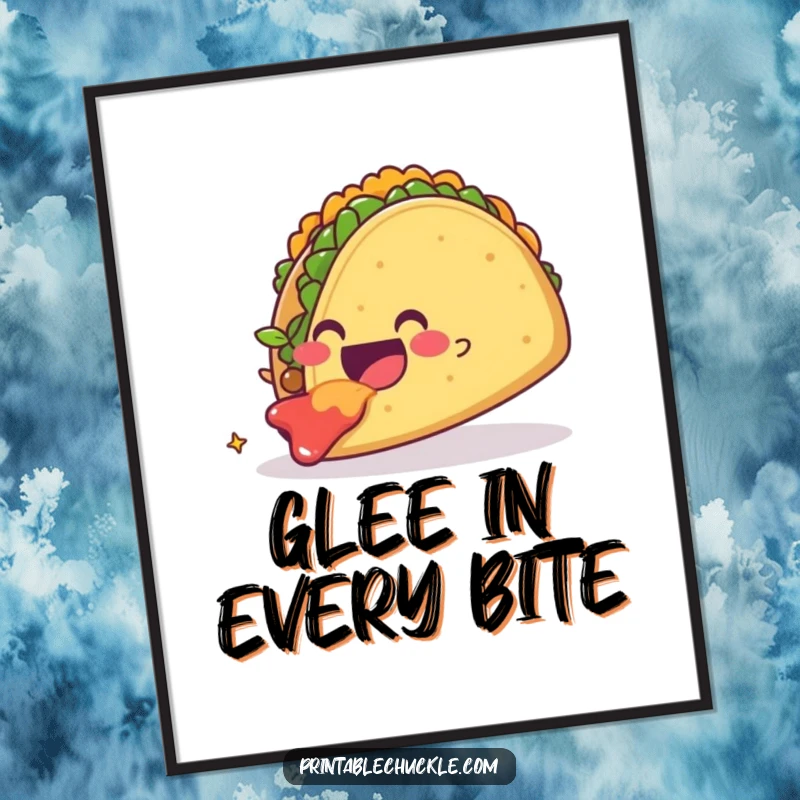 Funny smiling taco character gleefully eating a giant taco, available for instant download. A delicious and funny digital print.