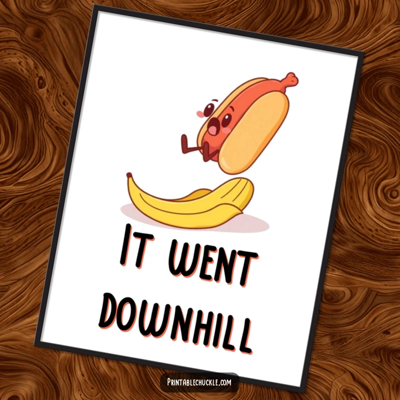 Funny digital art print of a surprised banana peel sliding under a walking hot dog, ideal for humorous wall decor.