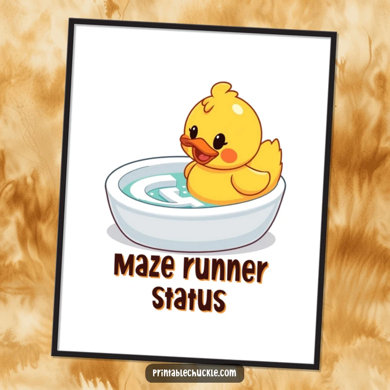 Funny digital art print: a determined rubber duck navigating a bathtub maze, for instant humor.