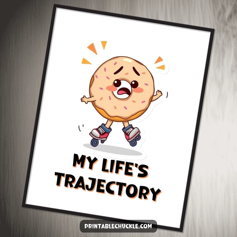 Funny confused donut wearing roller skates, spinning erratically, as digital art for instant download, conveying humor, a funny gift.