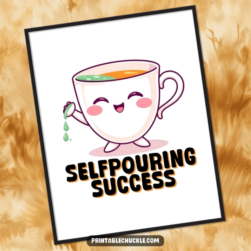 Funny digital art print of a cheerful teacup character comically attempting to pour itself, for instant humorous decor.