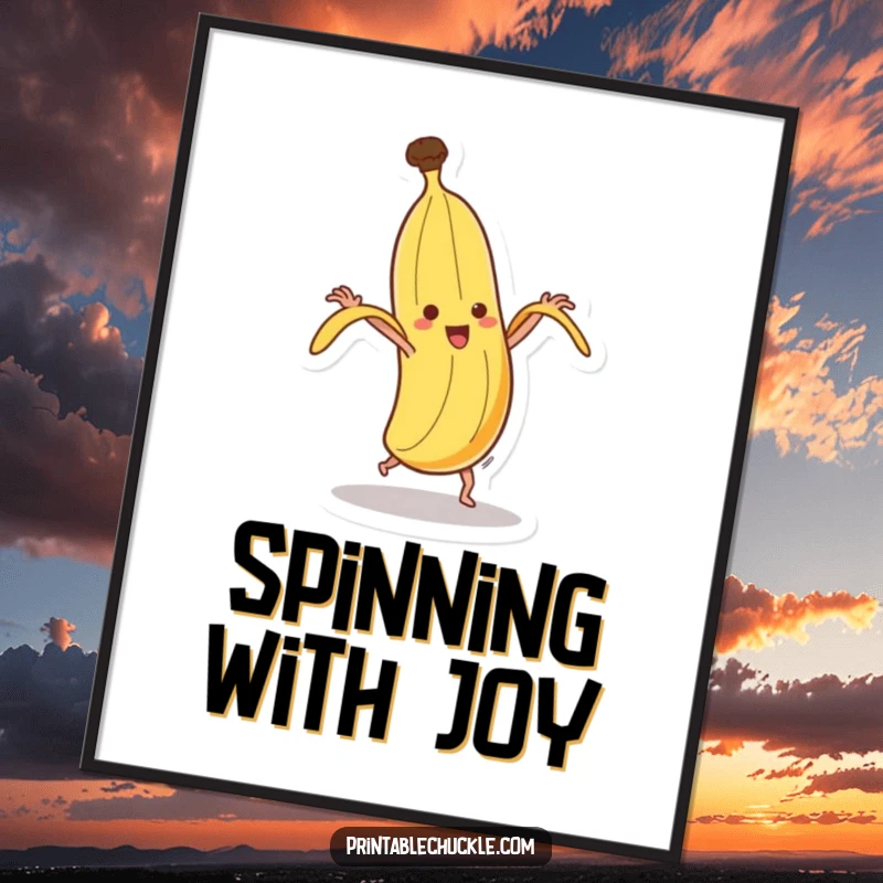 Funny dancing banana digital art print, showing a banana humorously spinning and attempting to peel itself, a downloadable burst of joy.