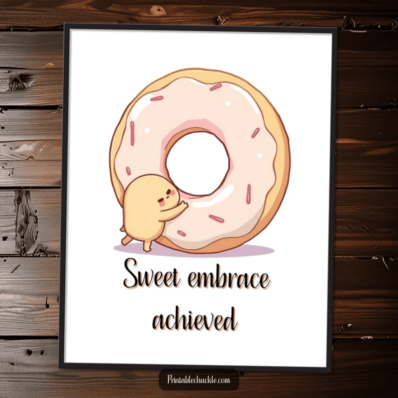 Funny digital art print of a shy donut hugging a giant, smiling doughnut hole, ready for framing.
