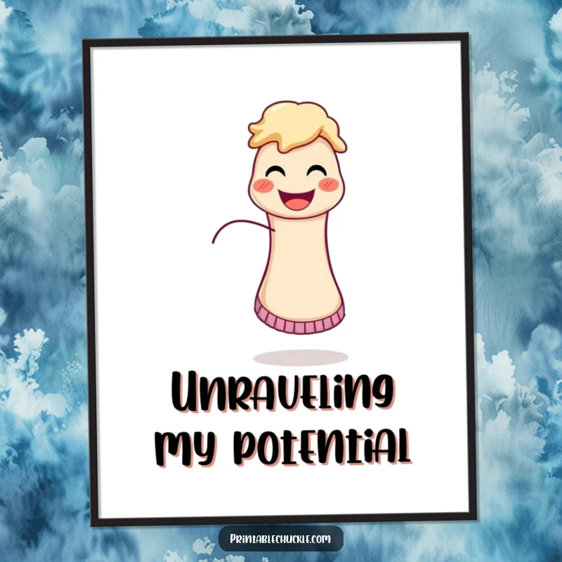 Funny digital art print of a happy sock puppet with its string comically unraveling, ideal for playful wall decor.