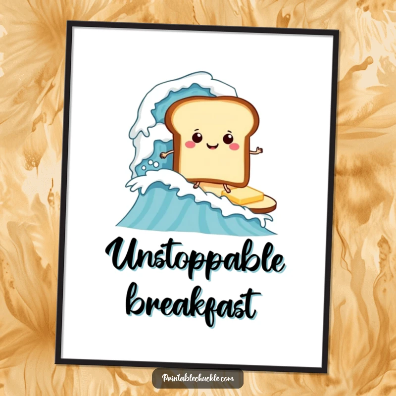 Funny digital art print of a toast character surfing a colossal butter wave, high-quality funny gift.