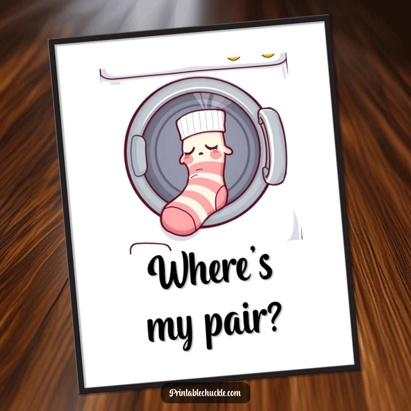 Funny digital art print of a sleepy sock being pulled into a dryer by an unseen force, adding humor.