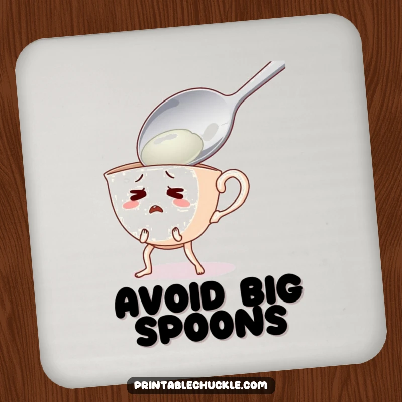 Funny drink coasters featuring a startled teacup with legs recoiling from a giant spoon, adding humor to surfaces.