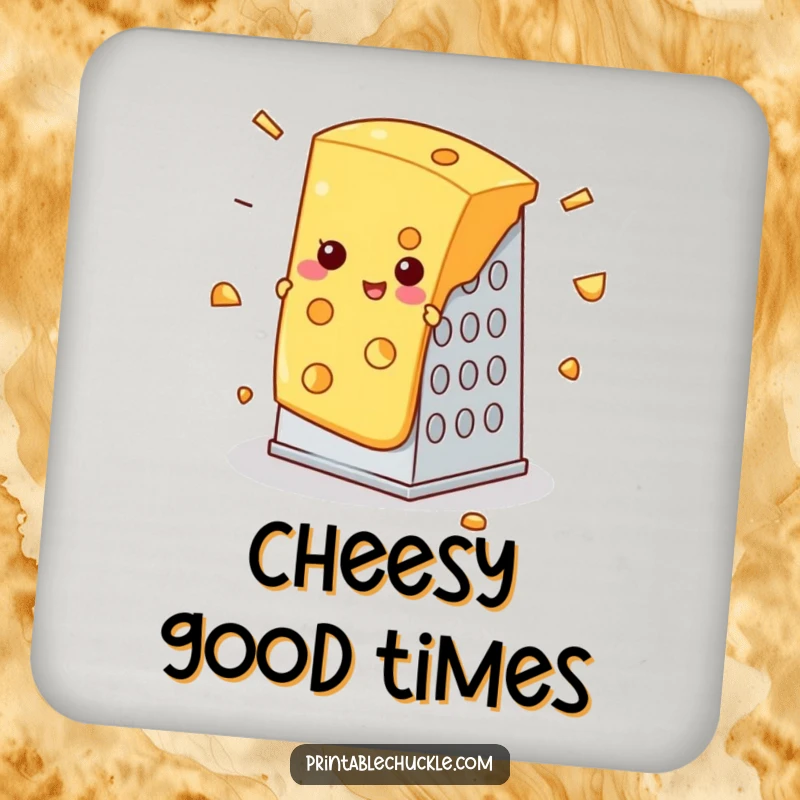 Funny coaster showing a slice of cheese caught in a cheese grater mishap, practical funny gift.
