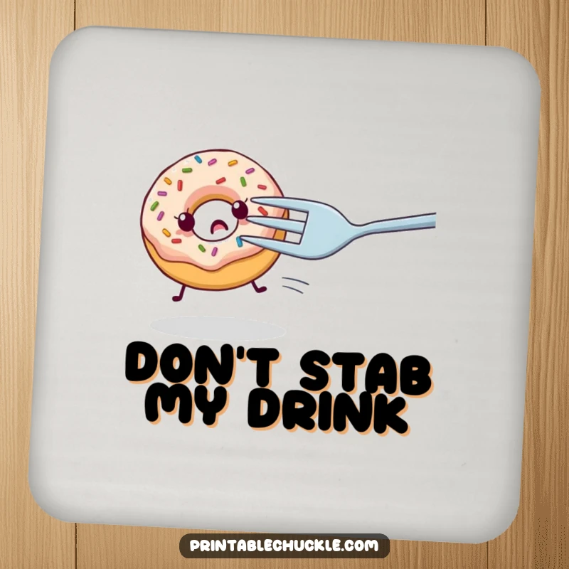Funny drink coaster showcasing a nervous donut with sprinkles being chased by a giant fork, a humorous protective gift.