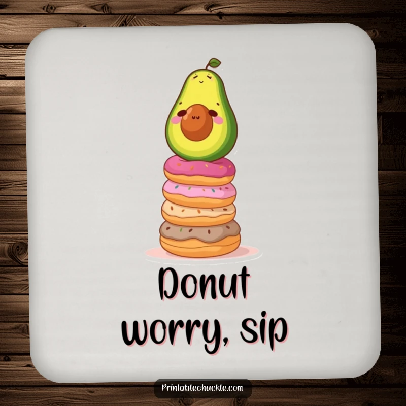 Funny drink coaster with a determined avocado balancing on a wobbly stack of donuts, adding a humorous touch to tabletops.