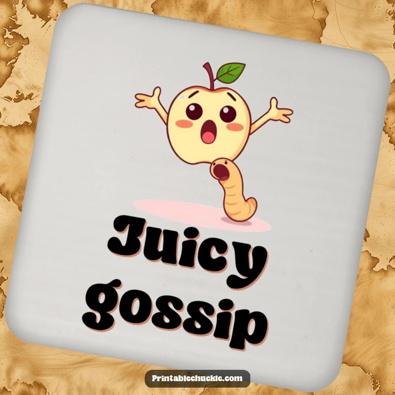 Funny surprised apple dodging a falling worm, a humorous coaster.