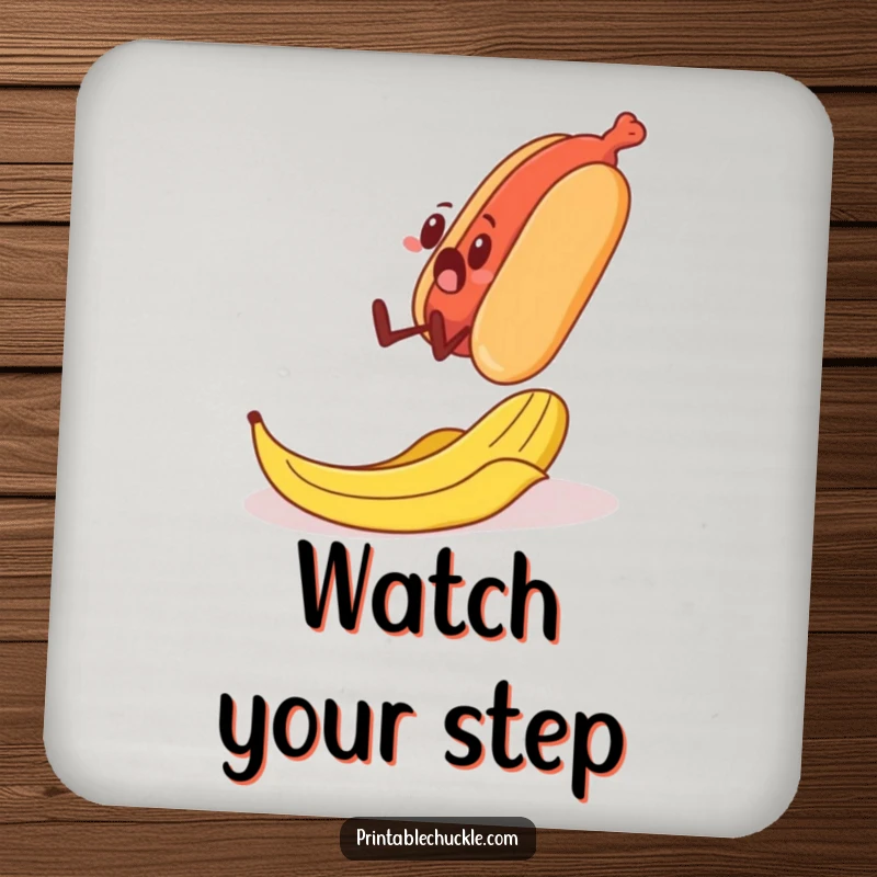 Funny drink coaster depicting a surprised banana peel about to trip a walking hot dog, a humorous tabletop accessory.