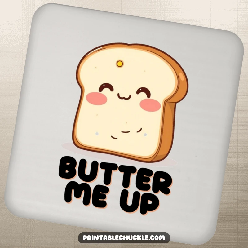Funny coaster with blushing bread hiding behind butter, offering adorable protection for tables.