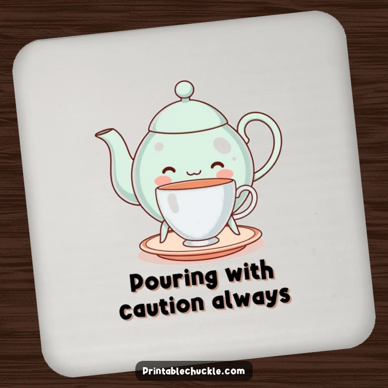 Funny cheerful teapot on legs, struggling to balance a teacup, on a drink coaster, adding whimsical humor, a funny gift.