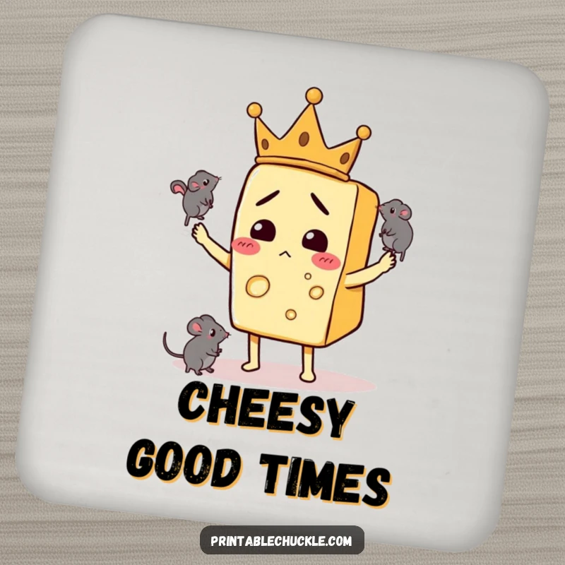 Funny drink coasters featuring a bewildered cheese slice wearing a crown, juggling mice, protecting furniture with humor.