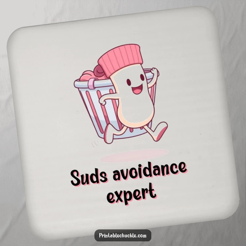 Funny drink coasters depicting a sock with legs running away from a laundry basket, protecting surfaces with humor.