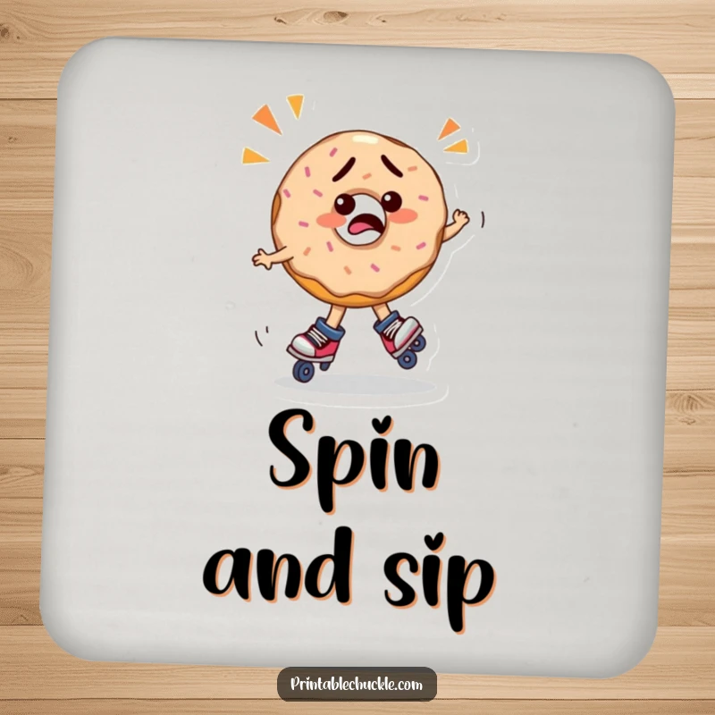 Funny confused donut on roller skates, spinning in a comical frenzy, depicted on a drink coaster, a small but funny gift.