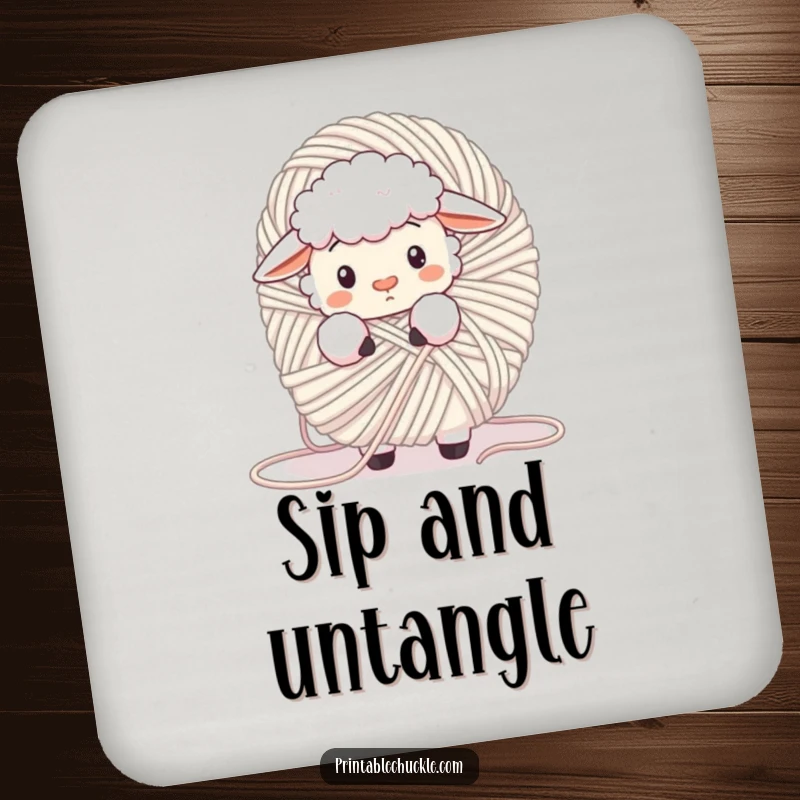 Funny fluffy sheep tangled in a giant ball of yarn, looking confused on a drink coaster, a small yet humorous protective accessory.