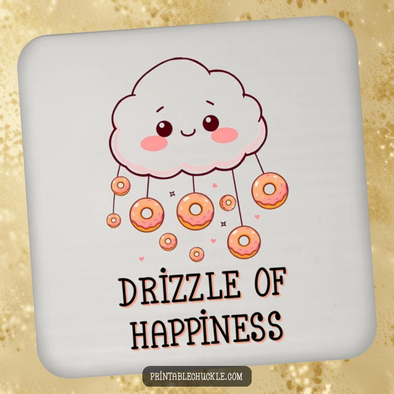 Funny giddy cloud raining tiny donuts on a drink coaster, adding sweet delight.