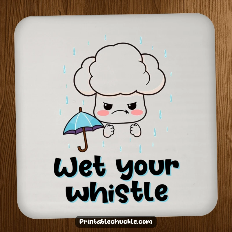 Funny drink coasters featuring a grumpy cloud raining miniature umbrellas, protecting surfaces with a humorous and stylish design.