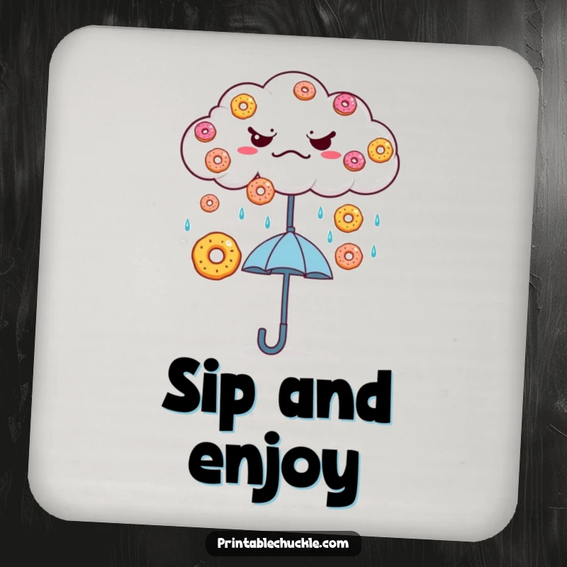 Funny Grumpy Cloud Donut Rain Drink Coaster: A grumpy cloud rains donuts onto a happy umbrella, a funny table protector.