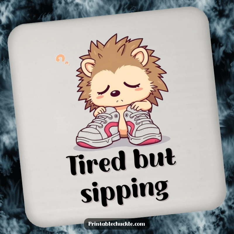 Funny hedgehog coaster featuring a sleepy character struggling with oversized sneakers, protecting surfaces with charm.