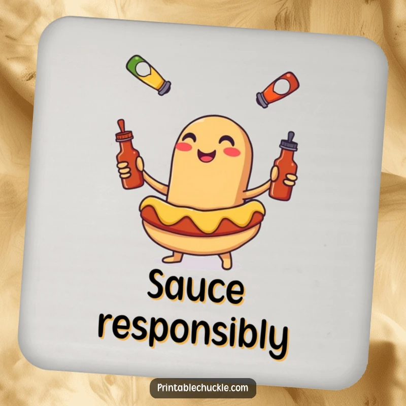 Funny drink coaster showcasing a smiling hot dog juggling tiny condiment bottles, a humorous protective gift.