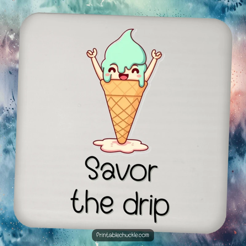 Funny drink coaster featuring a triumphant melted ice cream cone, adding sweet style to surface protection.