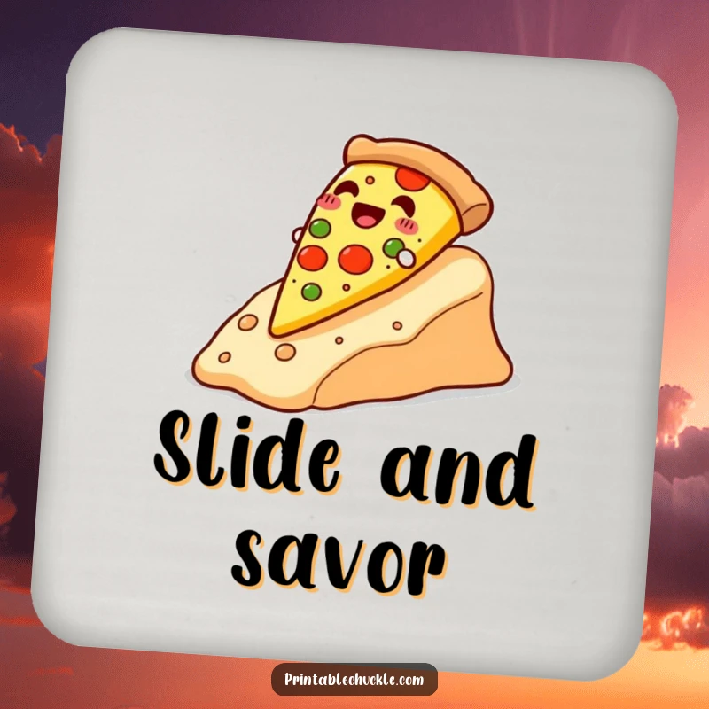 Funny happy pizza slice sliding down a cheese slope, on a drink coaster, a small but funny funny gift.