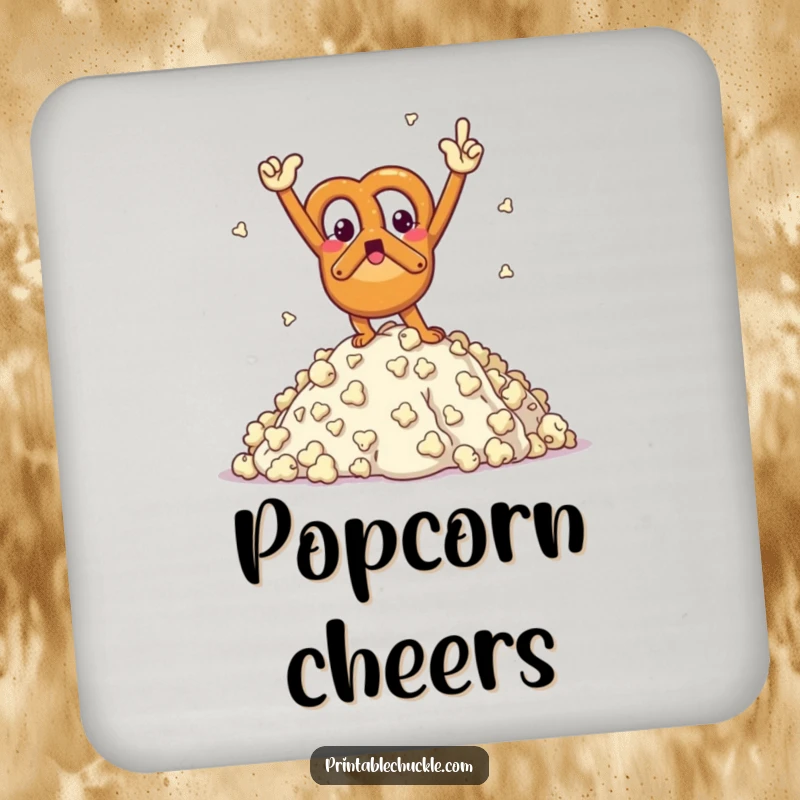 Funny drink coasters featuring a triumphant pretzel character posing on a popcorn mountain, adding snack humor.