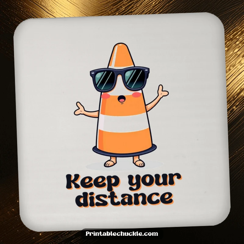 Funny drink coasters featuring a bewildered traffic cone in sunglasses attempting salsa, adding absurd charm.