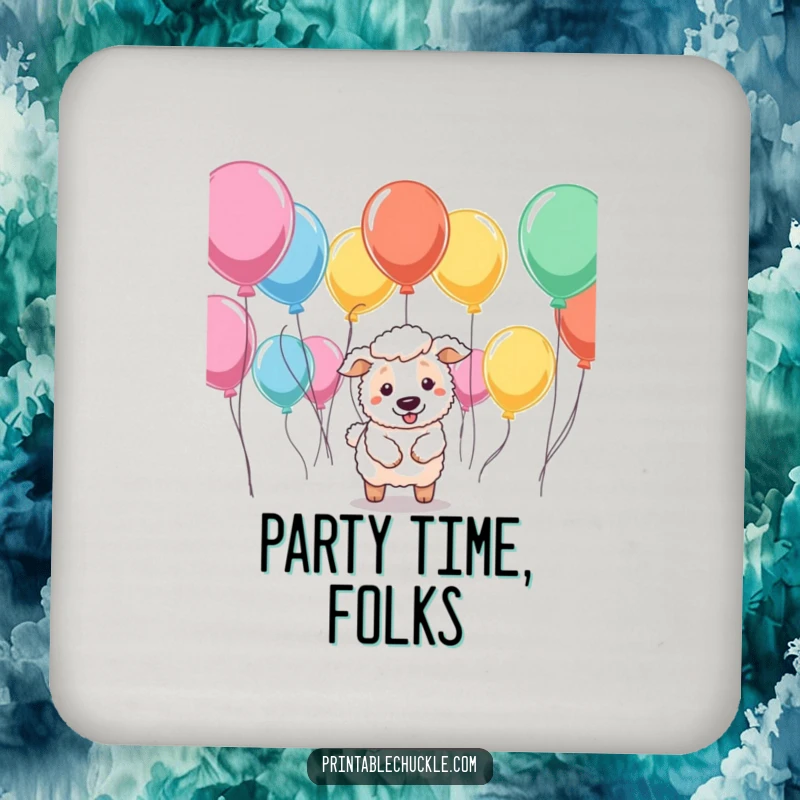 Funny drink coaster featuring a sheepdog attempting to herd balloons, protecting surfaces with a touch of humorous canine effort.