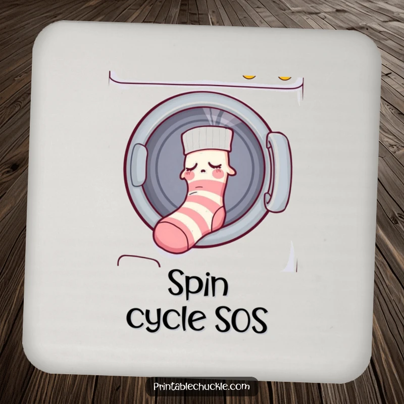 Funny coaster with a sleepy sock being pulled into a dryer by an unseen force, protecting surfaces humorously.